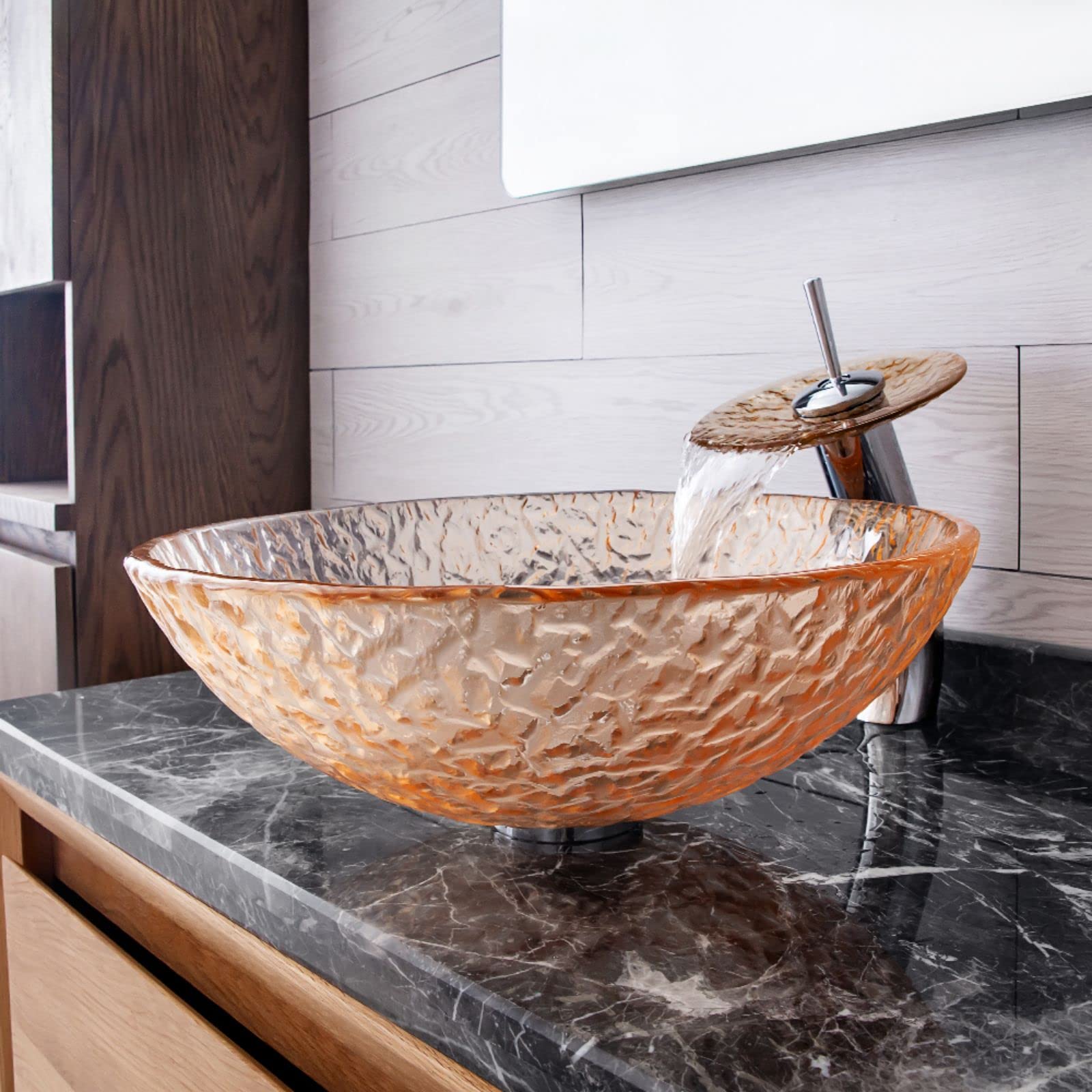 Round Glass Vessel Bathroom Sink With Faucet, Pop-up Drain, Countertop Sink, Art Basin Wash Basin For Lavatory Vanity, Waterfall Faucet