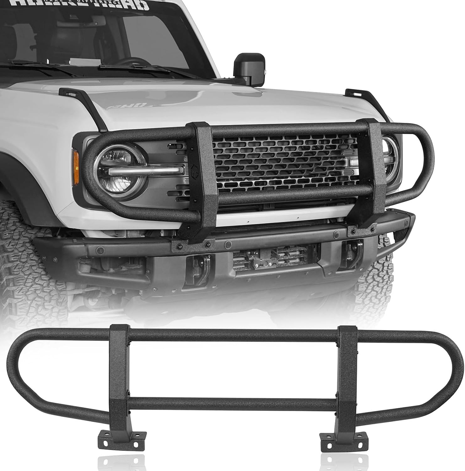 Hooke Road Bronco Front Brush Grille Guard Full-Width Push Bull Bar for 2021-2026 Ford Bronco 2 or 4 Doors (ONLY for Models with Factory Modular Steel Front Bumper)
