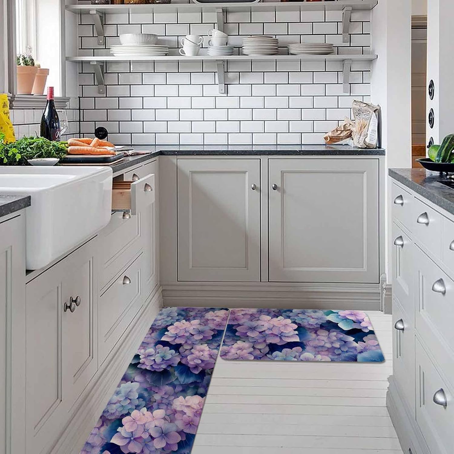 Vintage Hydrangea Kitchen Rugs and Mats Set of 2, Non-Slip Kitchen Sink Mat, Spring Purple Flowers Garden Plants Washable Doormat Bathroom Rugs Runner for Bedroom/Living Room 19.7"x31.5"+19.7"x63"