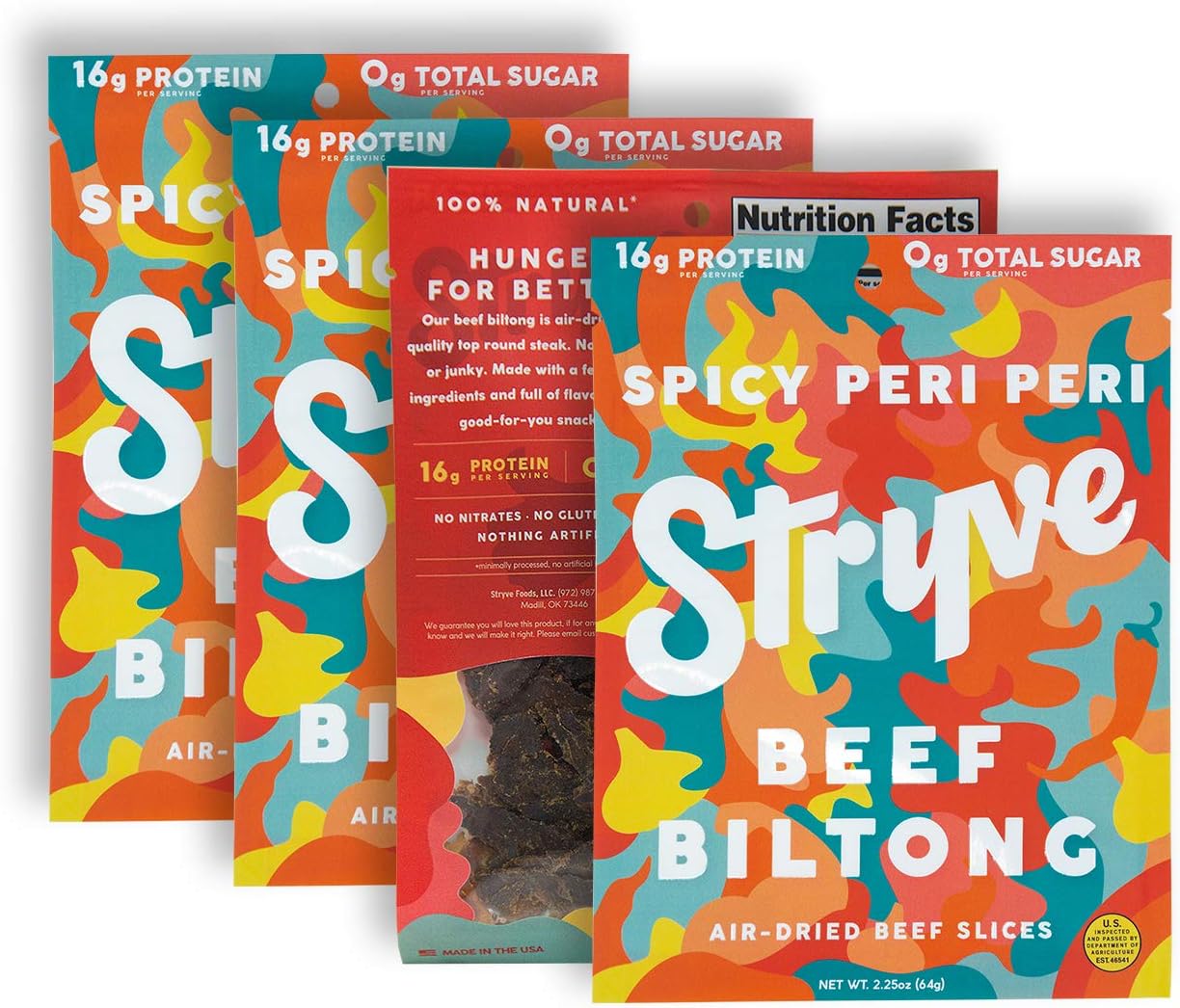 Stryve Biltong, Beef Jerky without the Junky. 16g Protein, Sugar Free, No Carbs, Gluten Free, No Nitrates, No MSG, No Preservatives. Keto and Paleo Friendly. Spicy Peri Peri, 2.25oz 4-Pack