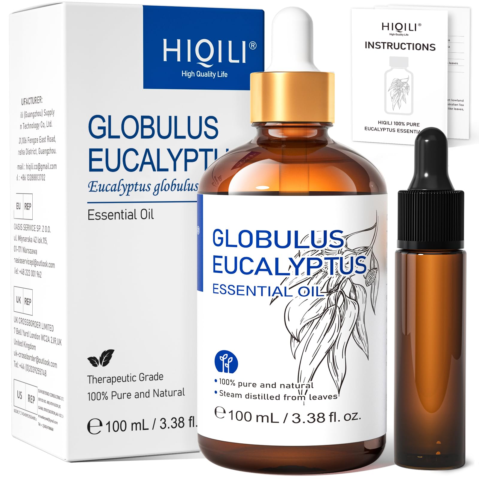 HIQILI Eucalyptus Essential 0il, Pure Natural Eucalyptus Oil, Organic Eucalyptus Essential 0il for Diffuser, Skin, Spray, Aromatherapy, Steam Room, Shower and Humidifier - 3.38 Fl Oz (Pack of 1)
