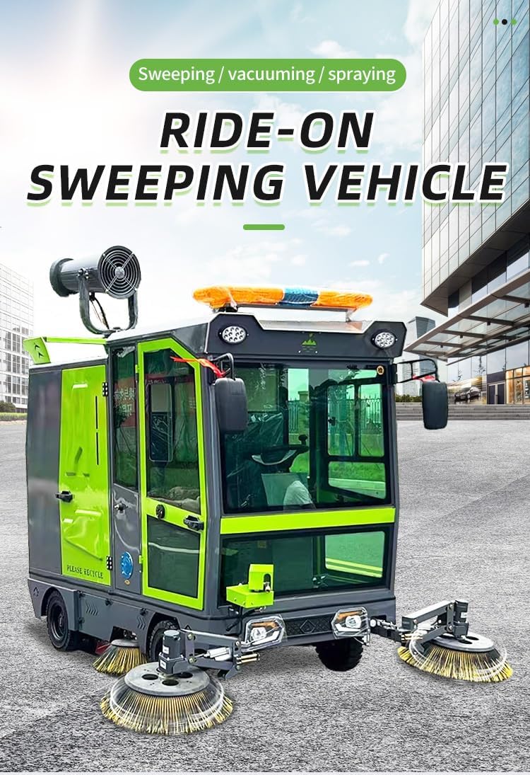 Commercial Ride-On Sweeper with 2050mm Brush Width, Enclosed Cab and 48V Battery, for University Campuses, Corporate Parks and Residential Communities