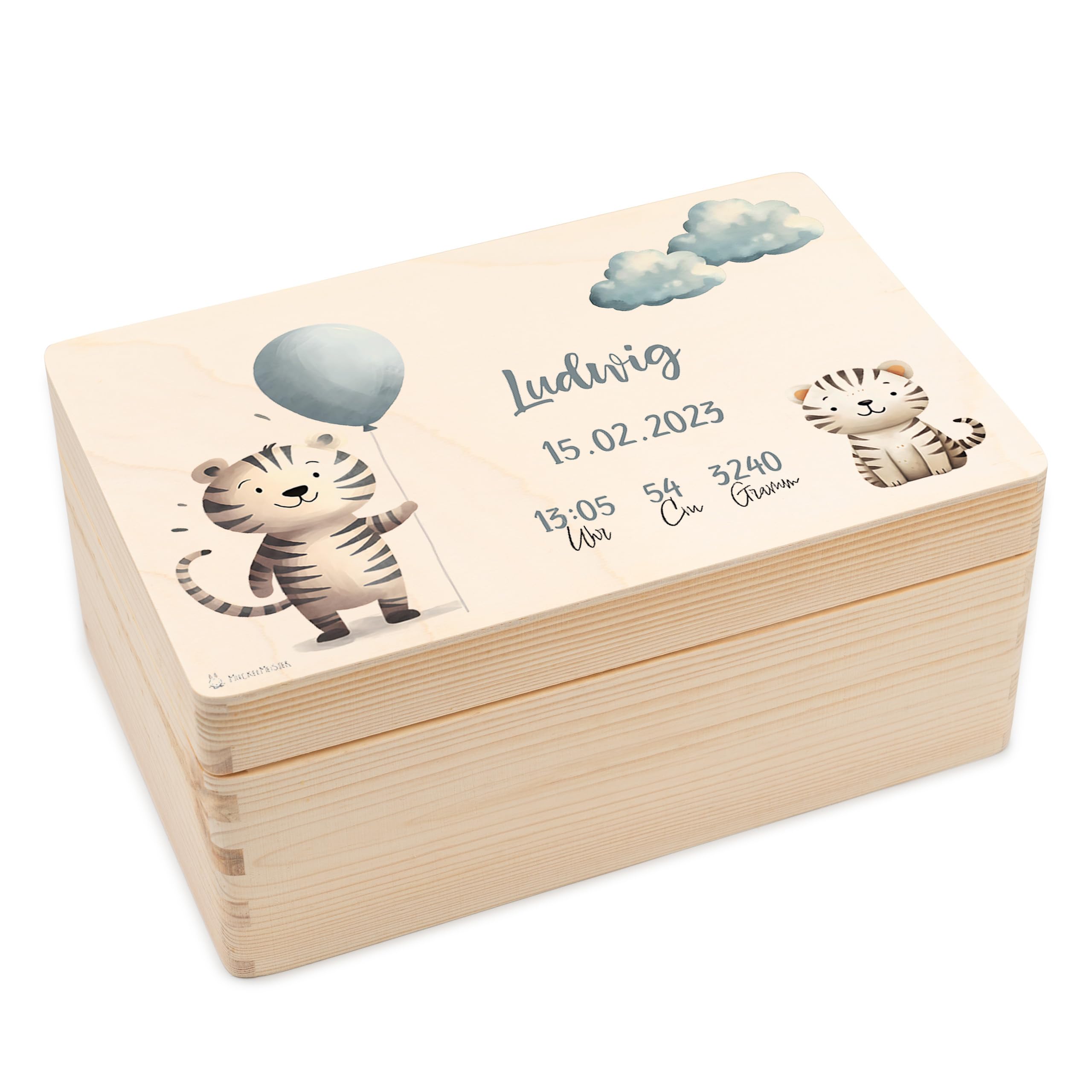 Geschenkfreude Erinnerungsbox Baby Personalisiert - 30x20x14cm - UV-Druck - Individuelle Baby Aufbewahrungsbox - individuelle Erinnerungskiste aus Holz - Einzigartige Geschenke zur Geburt - Tiger