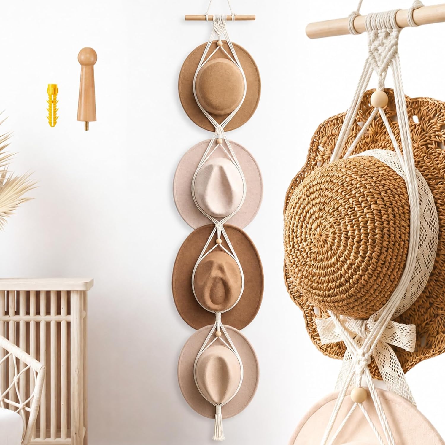 Yulejo Macrame Hat Hangers Boho Cowboy Holder, White, Four Hats Style