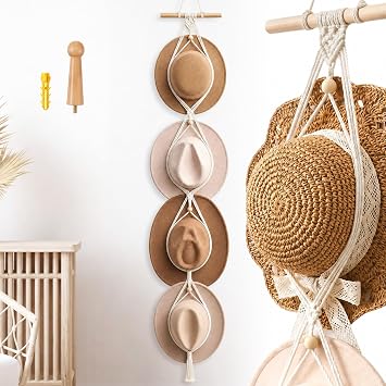 Yulejo Macrame Hat Hangers Racks Boho Cowboy Hats Holders Western Display Organizer Storage decor Back of Door for WallWhite,Four Hats Style