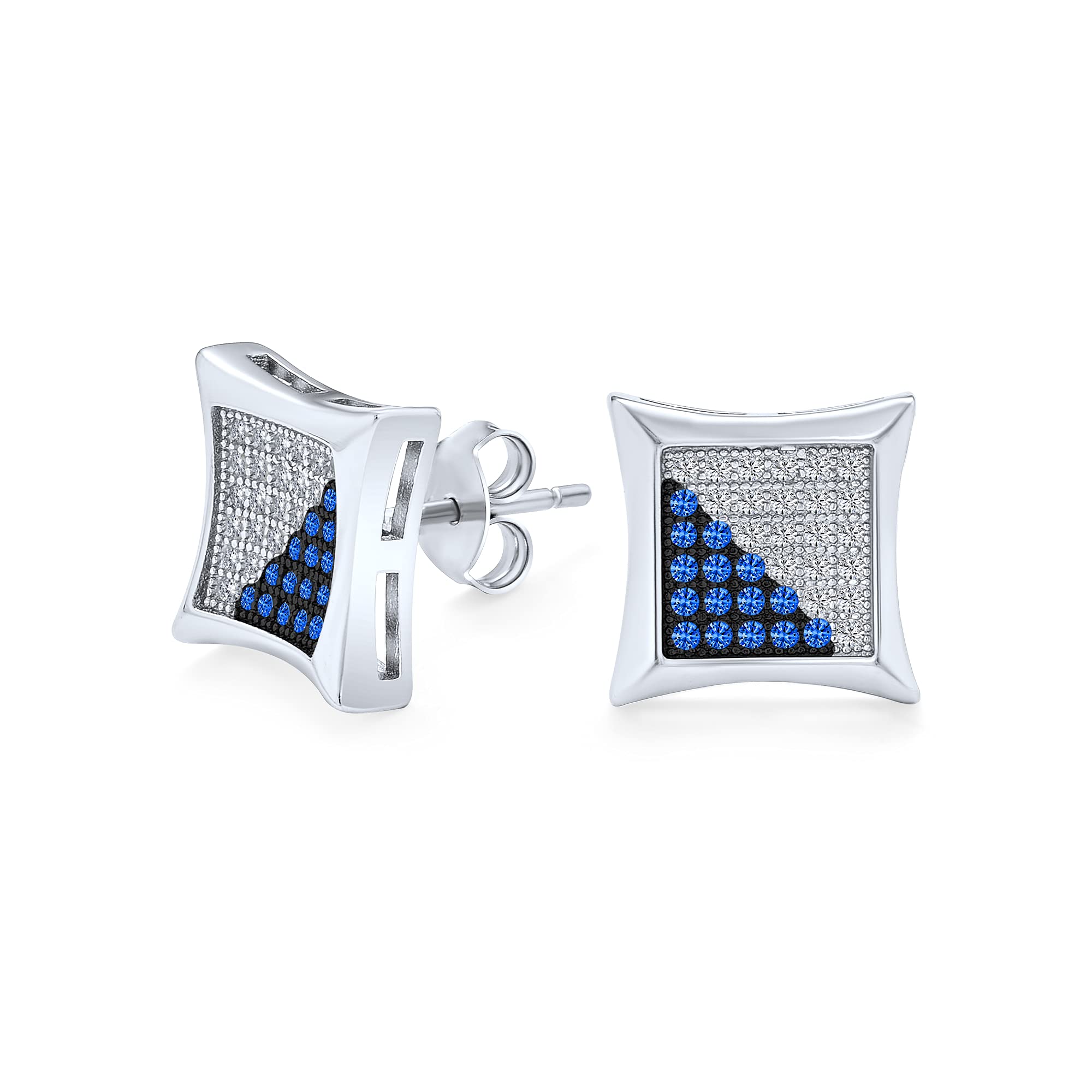 Geometric Two Tone Black or Blue White Zig Zag Square Micro Pave Cubic Zirconia CZ Stud Earrings For Men Sterling Silver