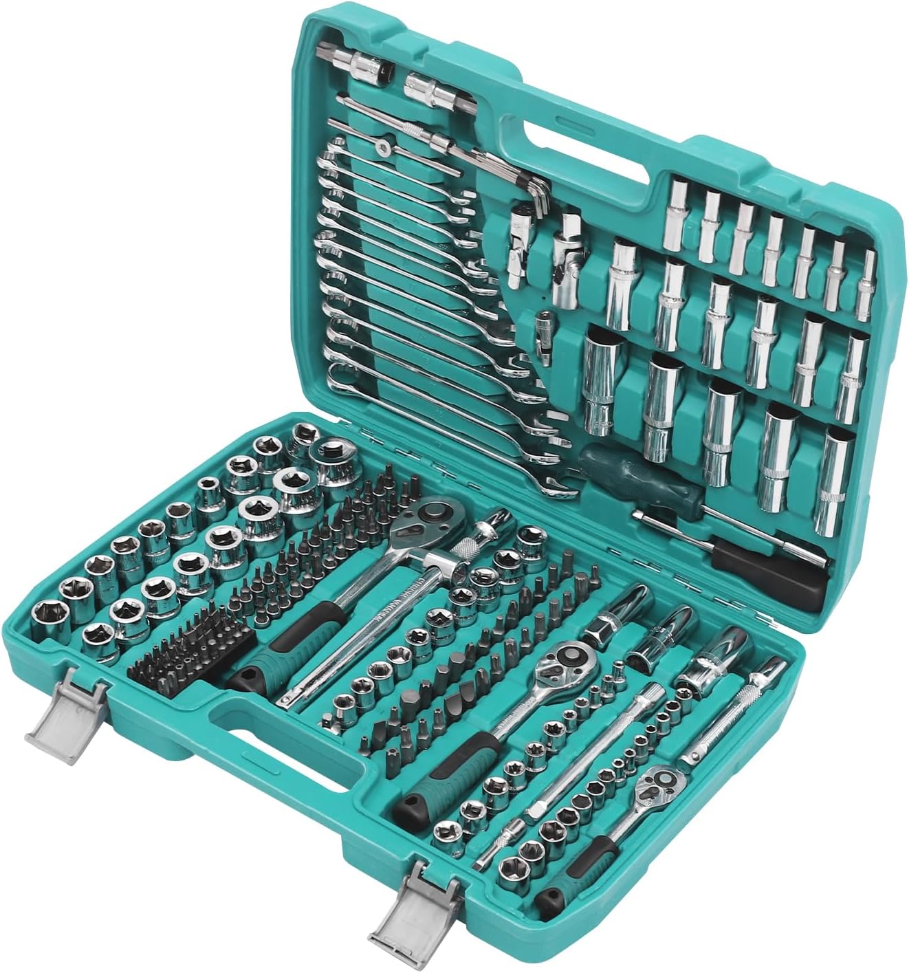 LYNICESHOP Socket Wrench Set 216PCS, Cr-V Steel, Green Toolbox, 24-Tooth Ratchet, Quick Release, Complete Accessories, Ergonomic Grip, Manual Multi-Function Kit for Car, Mechanic, Repair, DIY