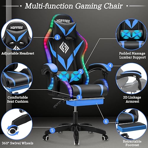 Miniatura 8 de Silla de juegos con masaje y luces LED, sillas ergonómicas de videojuegos con reposapiés, respaldo alto, silla reclinable para computadora con