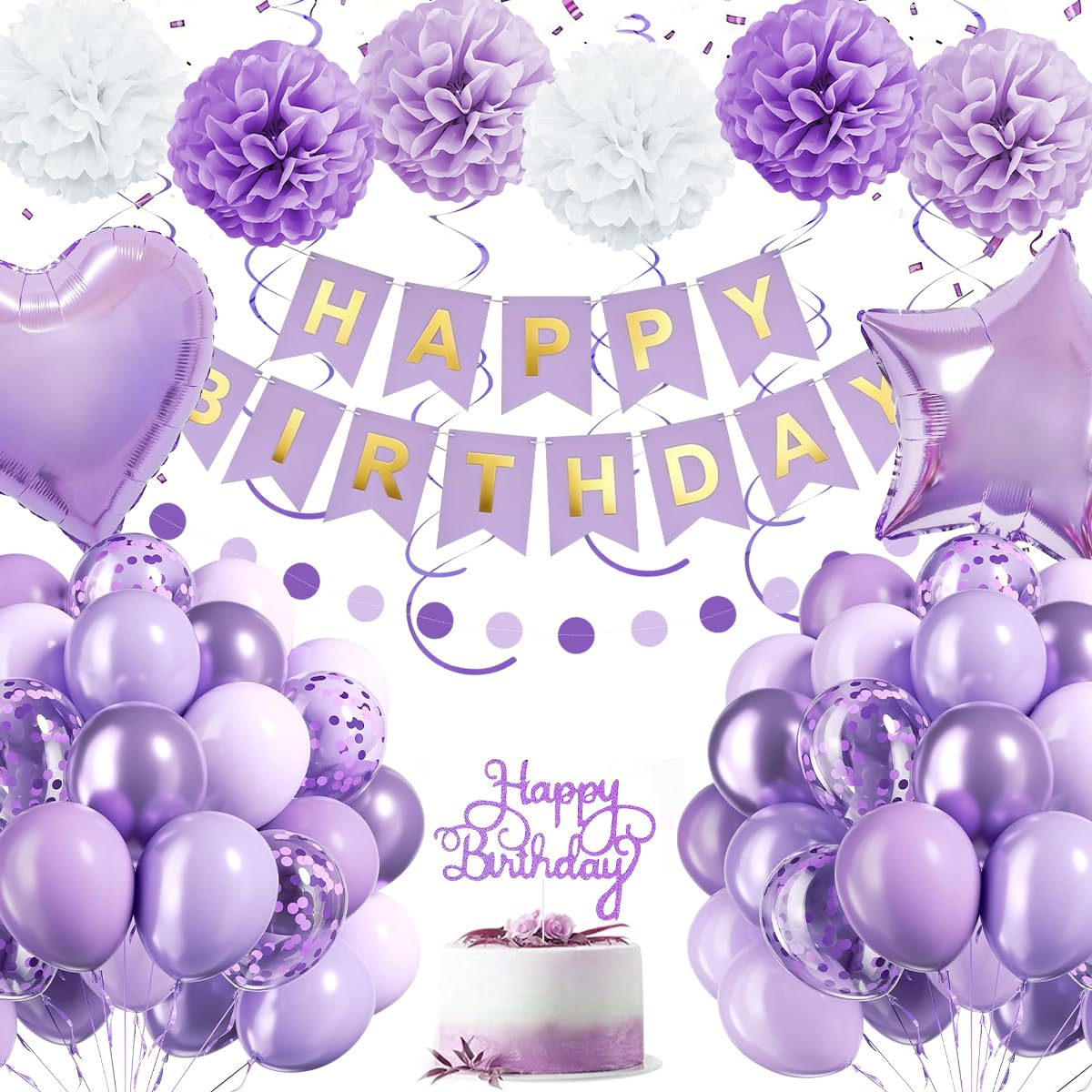Lavender Purple Birthday Decorations,Light Purple Party Decorations for Women Girls,Pastel Purple Birthday Balloons with Banner,Pompom,Cake Topper