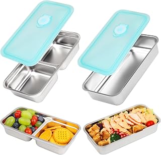 Stainless Steel Snack Containers, 2 Pack Grab and Go Snack Containers Reusable, Single and Double Compartment Food Storage Containers with Lids, Lunch Box Containers for Travel, Camping and Daily Use