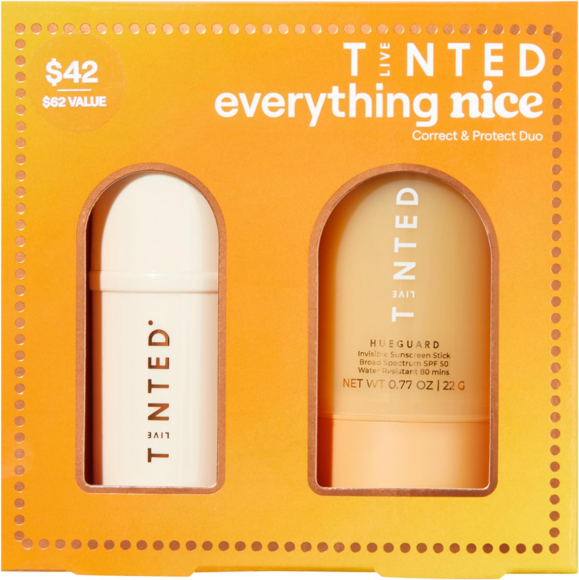 Live TintedEverything Nice Correct & Protect Duo - Hueguard Invisible Sunscreen Stick SPF 50 & Superhue Hyperpigmentation Facial Serum Stick - Broad Spectrum, Waterproof & Brightening
