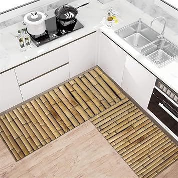 3D Bamboo Pattern Washable Kitchen Rugs,Soft Absorbent Standing Carpets and Rugs,Non Slip Farmhouse Area Rug,for Laundry Room,Sink,Bathroom Floor,Kitchen Rug and Mat,Natural,40x120cm/16 x47