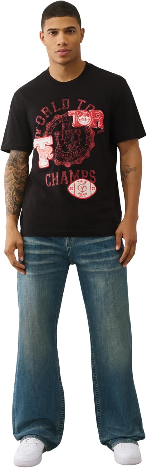 True Religion SS World Tour Champs Tee – Men’s Graphic T-Shirt in 100% Cotton, Crew Neck Short Sleeve Shirt
