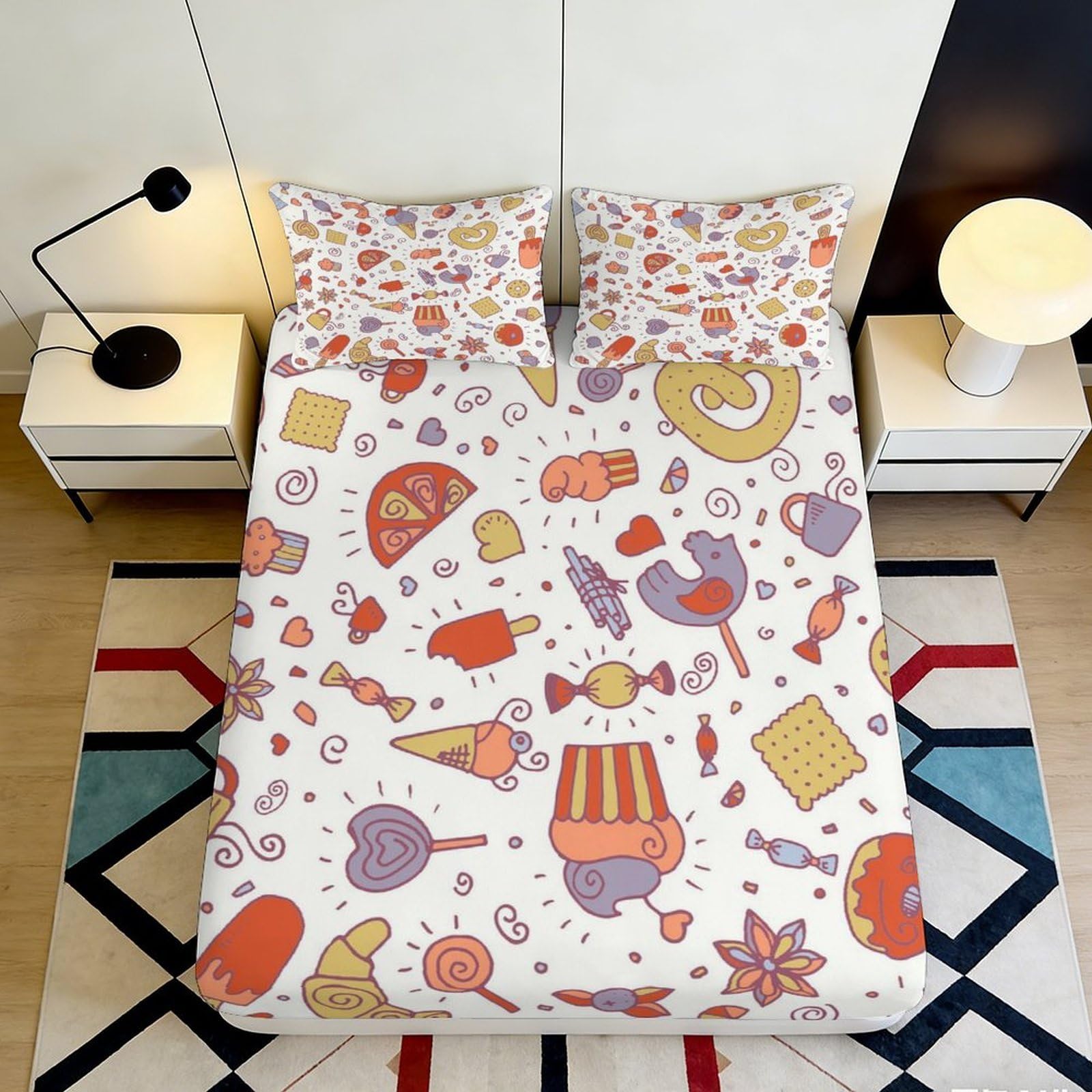 3D Printed Candy Dessert Fitted Sheet Microfiber Fun Snack Pattern Bed Cover for Bedroom Dorm Room Decor 90x200x25cm