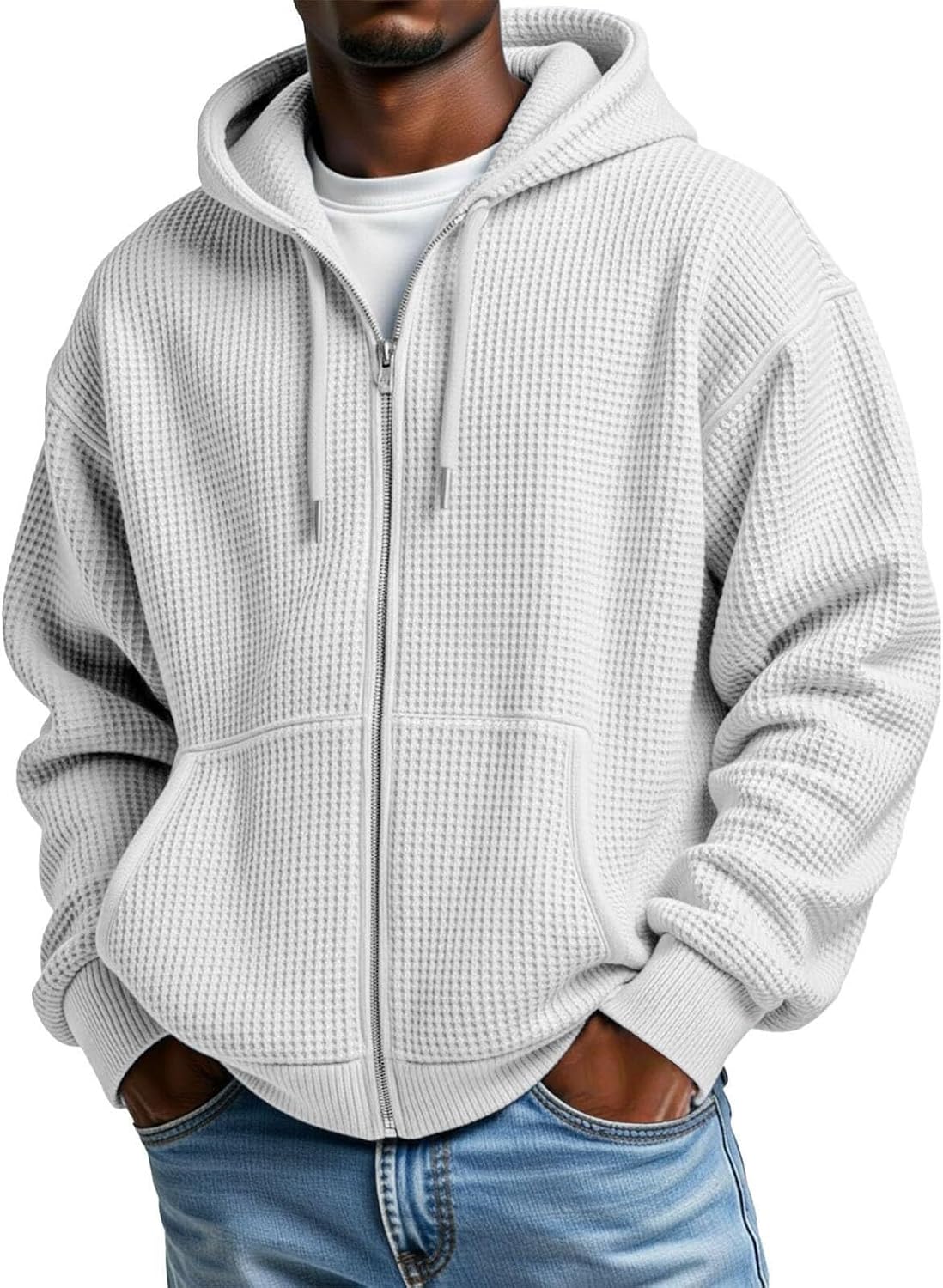 Men's Full Zip Waffle Knit Hoodie - Lightweight Zip Up Sweatshirt Jacket | Breathable thermal waffle fabric traps warmth without bulk, perfect for layering, gym, running, and casual