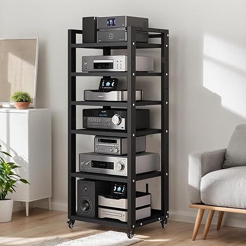 6 Tier Audio Rack Tower, Corner TV Console and AV Media Components Cabinet, Heavy Duty Stereo Racks and Stands with Adjustable Wooden Shelf for Home/Office/Theater(A)