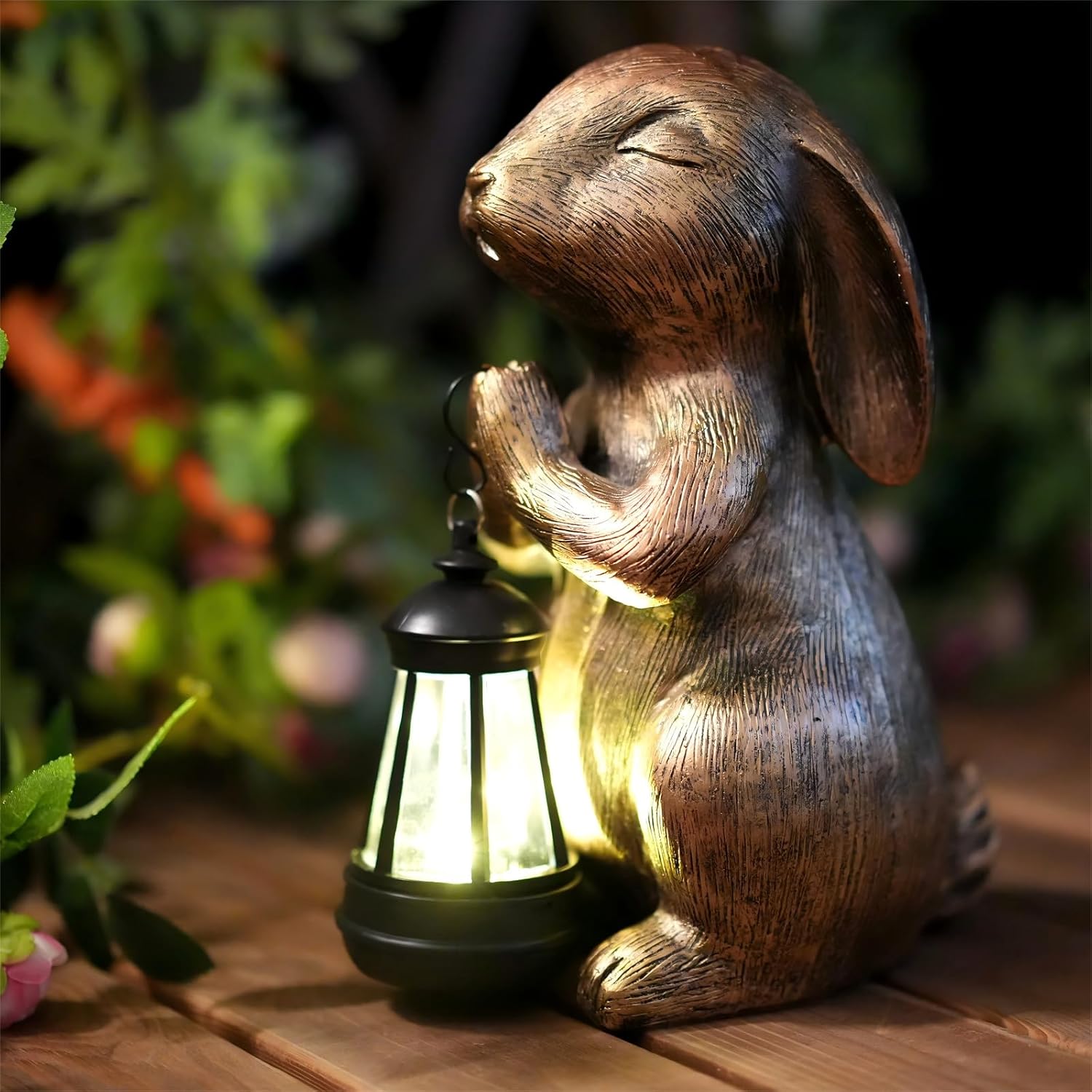 Solar Garden Statue Rabbit Outdoor Decor, Bunny Figurines with Solar Lantern, Yard Decorations for Patio Balcony Yard Lawn Ornaments - Unique Birthday Easter Housewarming Gifts for Women, Mom, Grandma