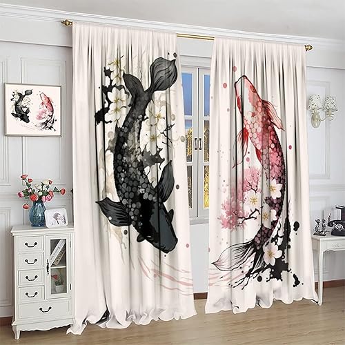 Miniatura 4 de Yin Yang - Cortinas opacas con diseño de pez Koi, flor de cerezo japonés, para oscurecer la habitación, decoración de ventana para sala de estar, 26
