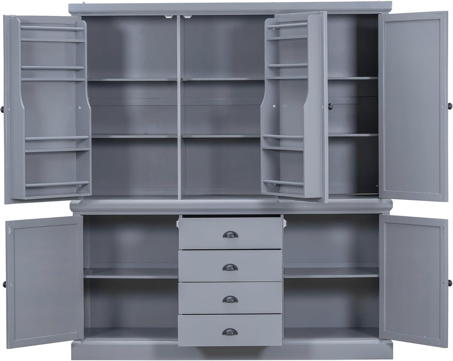 VilroCaz Freestanding Large Kitchen Pantry, Wooden Kitchen Organizers and Storage Cabinet with 4 Drawers, Cupboard, 5 Doors, Adjustable Shelves for Dining Room (Gray-3.15)