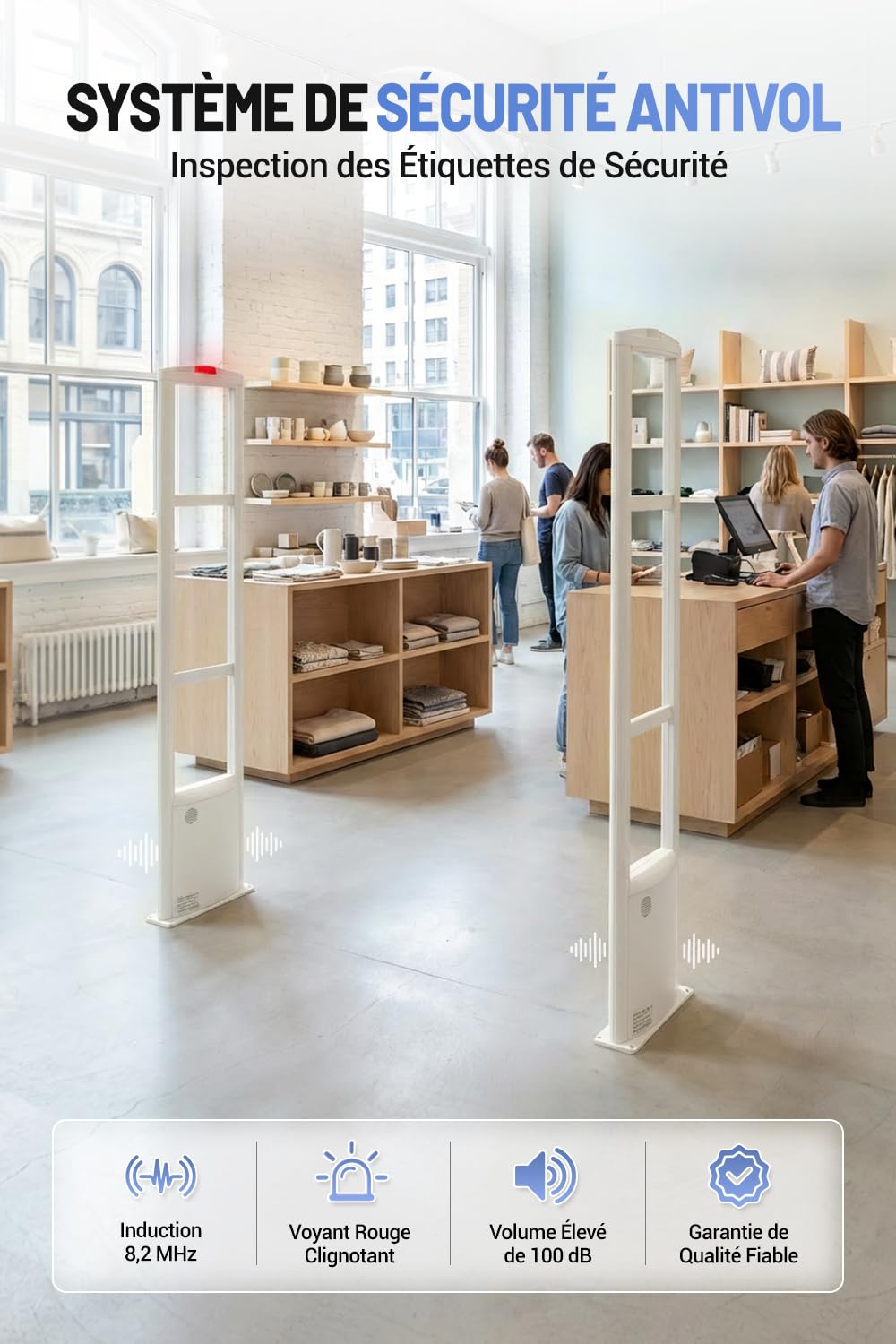 Portique Antivol RF 8,2 MHz, Système Antivol Magasin avec Détection Stable, Alarme Sonore et Lumineuse, 100 Étiquettes RF et Accessoires Complets pour Boutiques, Blanc