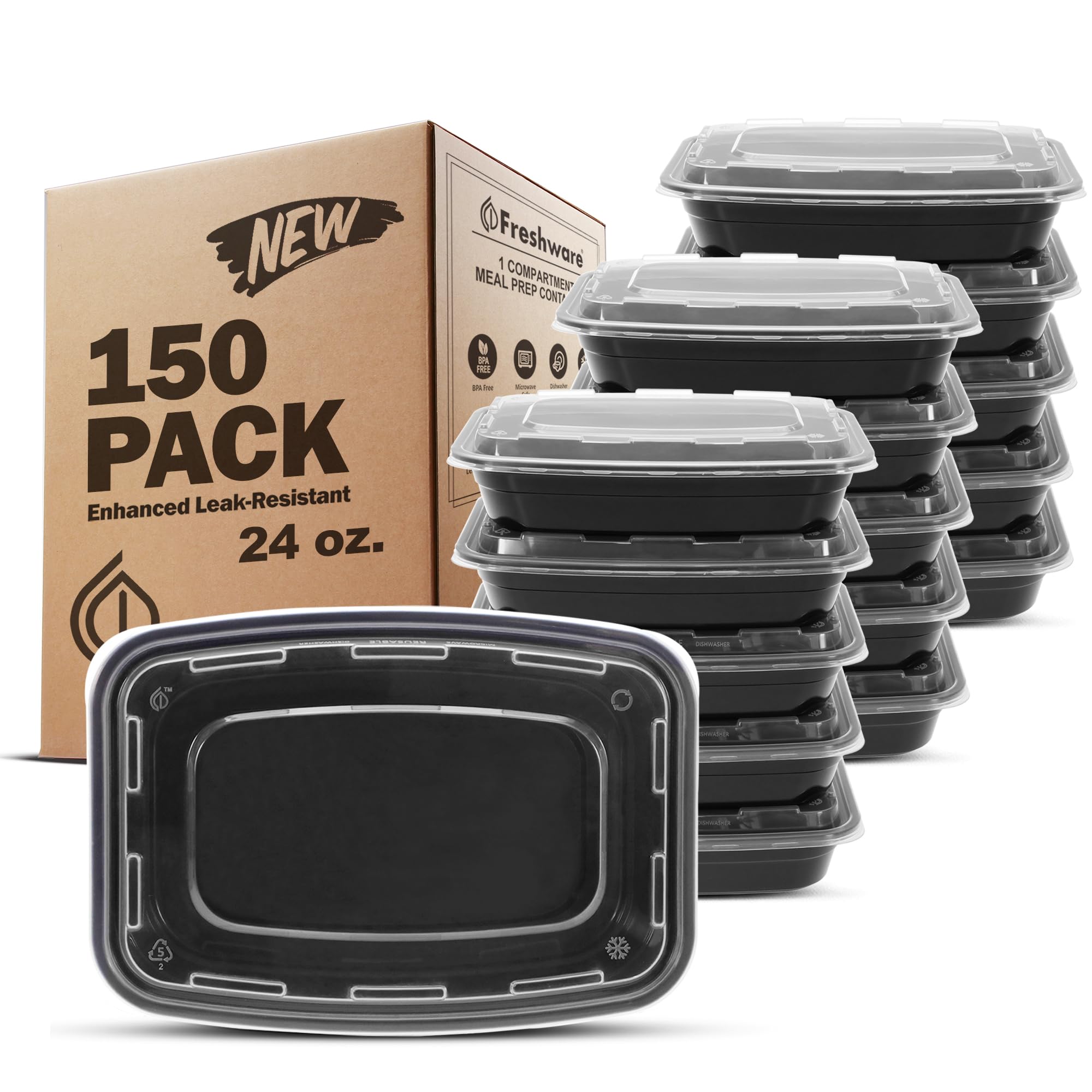 Freshware Recipientes de preparación de comidas [150 unidades] 1 compartimento con tapas, contenedores de almacenamiento de alimentos, caja Bento, sin BPA, apilables, aptos para