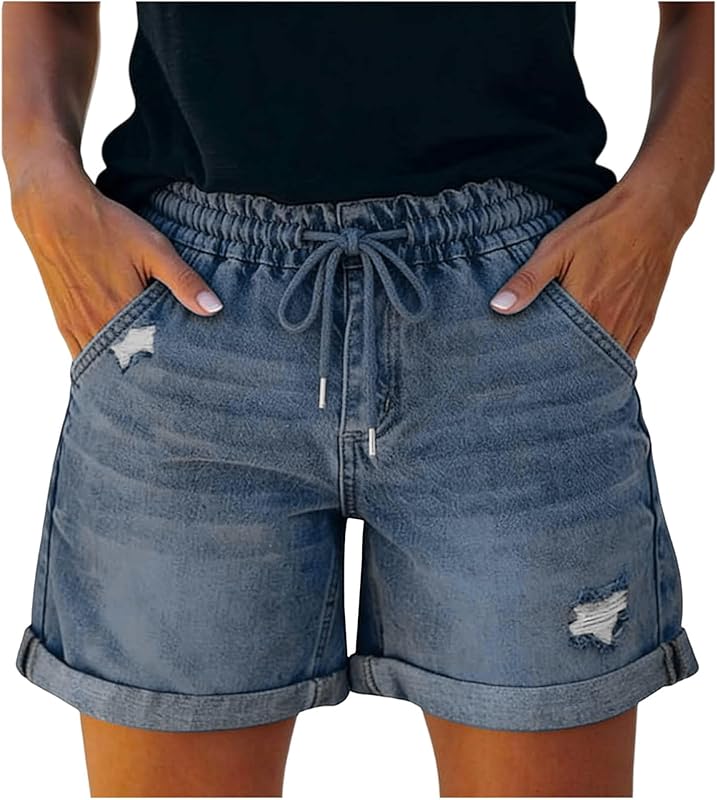 Short Jean Femme, Décontracté Été Large Confortable Denim Élastique Taille Moyenne Y2K Trous Jeans Shorts en Denim pour Femmes Taille Haute Été Short Vintage Jean Casual Baggy Pantalon Court Bermuda