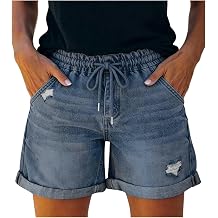 Ruziyoog Women Denim Shorts High Waisted Drawstring Jean Shorts Casual Summer Bermuda Shorts with Pockets