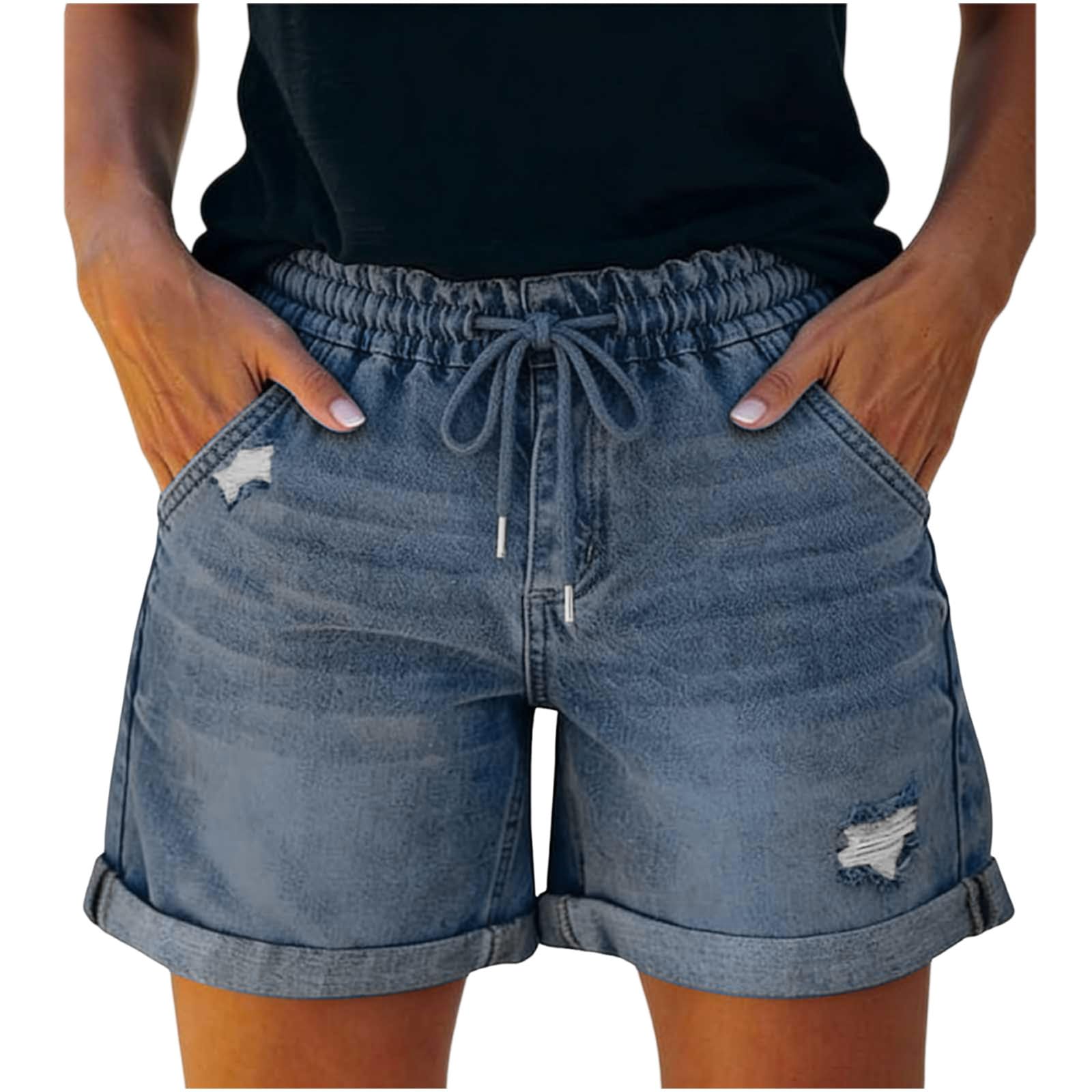 Générique Short Jean Femme Été Élastique Taille Confortable Décontracté Jeans Shorts en Denim pour Femmes À Cordon De Serrage Short Vintage Jean Casual Baggy Y2K Été Pantalon Court Bermuda