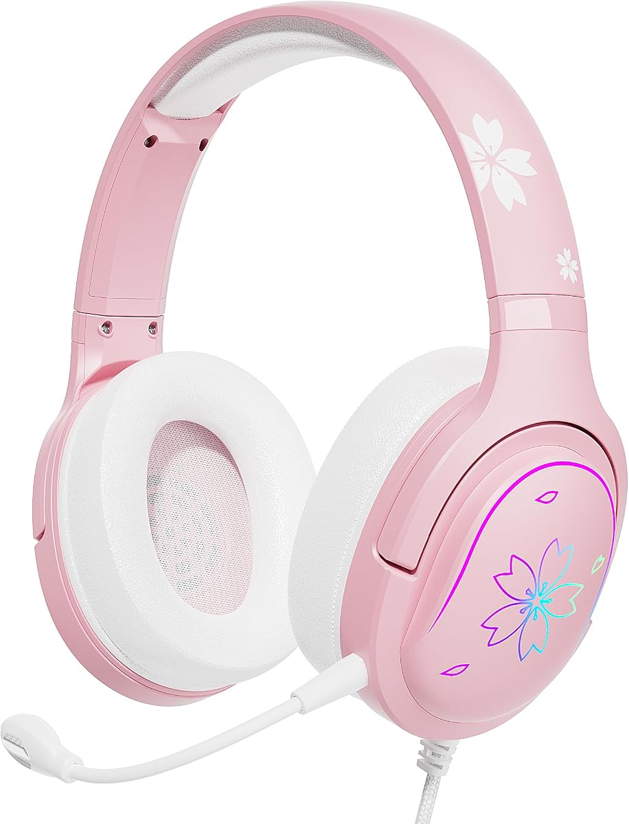 Mytrix Cherry Blossoms Wired Gaming Headset, 360° Rotation Mic, Soft Earmuff Gaming Headphones for PS4, PS5, PC & MAC, Switch, RGB Gradient Light Effect