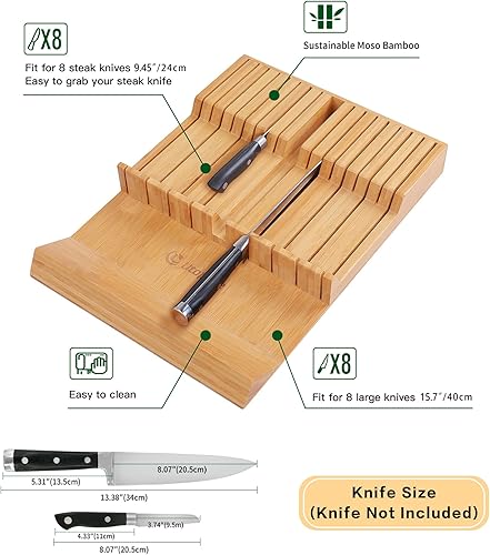 Miniatura 4 de Utoplike - Bloque de cuchillos para cajones de bambú, organizador grande de cajones de cuchillos de cocina, con asa, soporte para cuchillo de carne