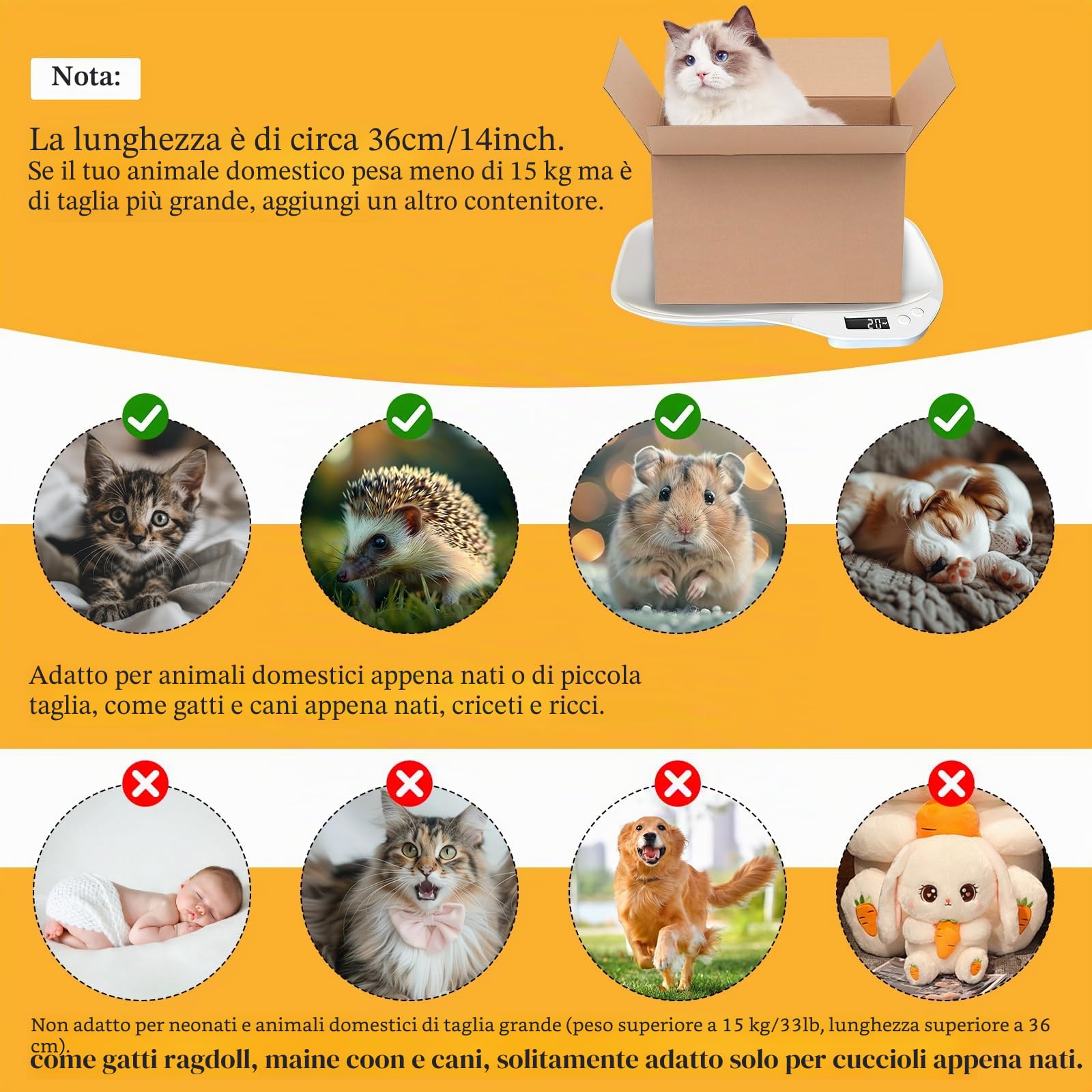 Bilancia per animali di piccola taglia, 15 kg (± 1 gram), bilancia digitale per gatti LCD con 4 modalità di pesatura (kg/oz/lb/ml), piccola bilancia digitale per animali domestici, cucina (36 x 26 cm