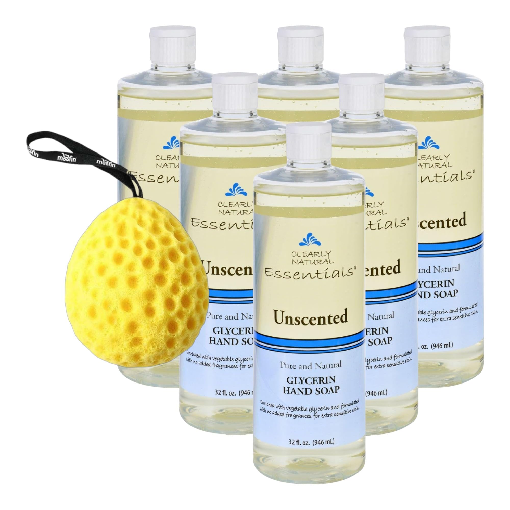 Clearly Natural Essentials Glycerine Soap, Unscented Hand Soap Refill Bundled With Bath Sponge, Pure Gentle For Sensitive Skin, Economical 32 Oz Each [Pack Of 6]