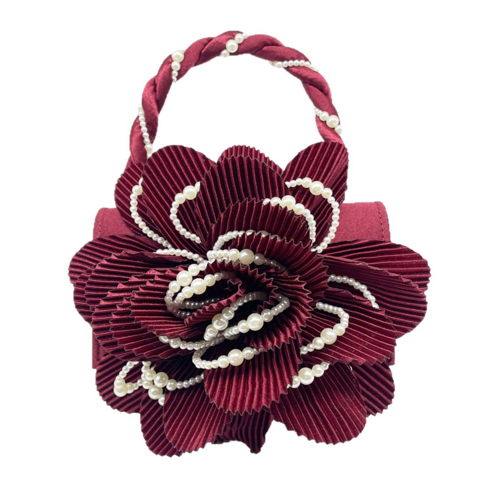 fexxkg Floral Evening Bag for Women with 3D Rose Pearl Embellishment, Top Handle Formal Handbag in Pleated Polyester for Weddin