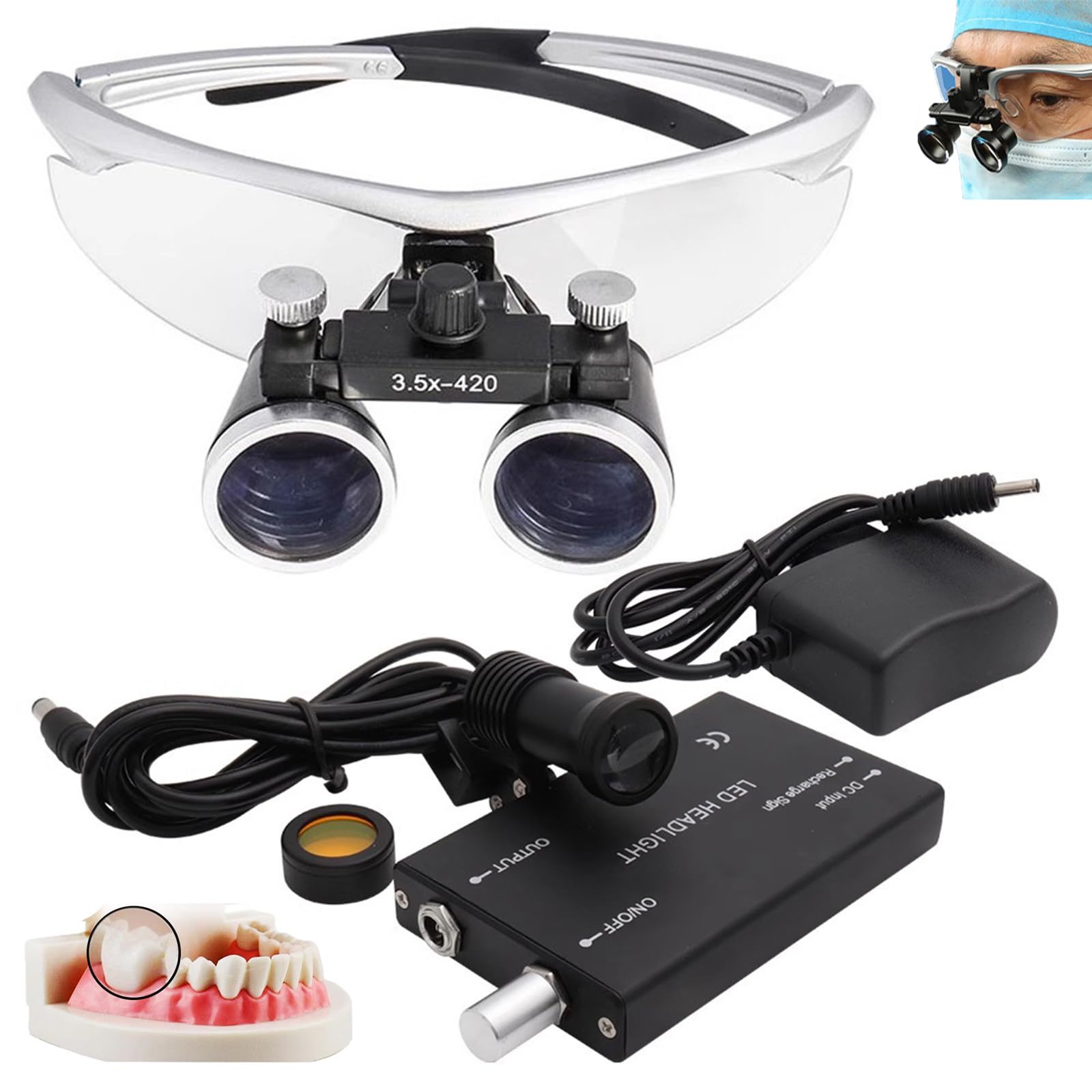 Lenti D'Ingrandimento Dentali 2,5X / 3,5X, Lenti D'Ingrandimento Binoculari Chirurgiche + Luce Frontale A Led Da 5W, Portatili Ultraleggere, Attrezzatura Da Laboratorio Per Dentista,Silver-3.5X