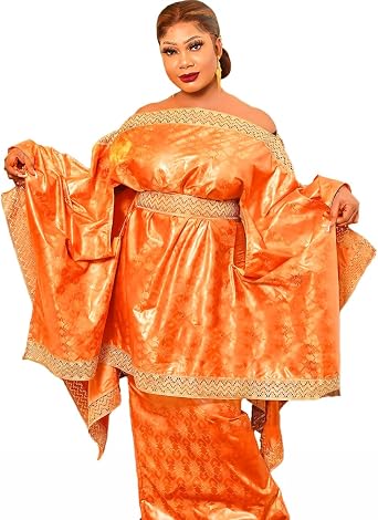 2 Pieces Set African Bazin Outfit for Nigerian Women Wedding Party Orange Dashiki with Belt Basin Rich Mix Sixe Long Robe Bride Caftans Dresses