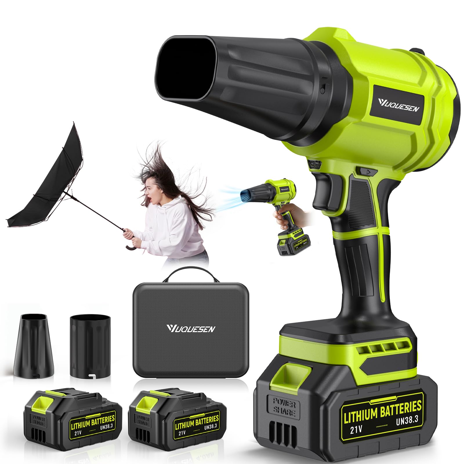 YUQUESEN ブロワー 強力 ブロワー 洗車 - 2個 大容量バッテリー搭載、充電式 電動ハンドヘルド ヘアドライヤー - 軽量で持ち運びやすく/パティオ/庭/キャンプ/テラスなど/さまざまな場面に適しています 日本語取扱説明書付き（オリーブグリーン）