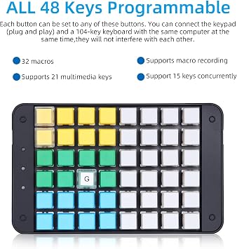 Koolertron One Handed Macro Mechanical Gaming Keyboard, Fully Programmable Mini Keypad, 48-Key Mini USB Macro Keyboard with Blank Keycaps, for Gamers/Cashier/Designers/Video Editors