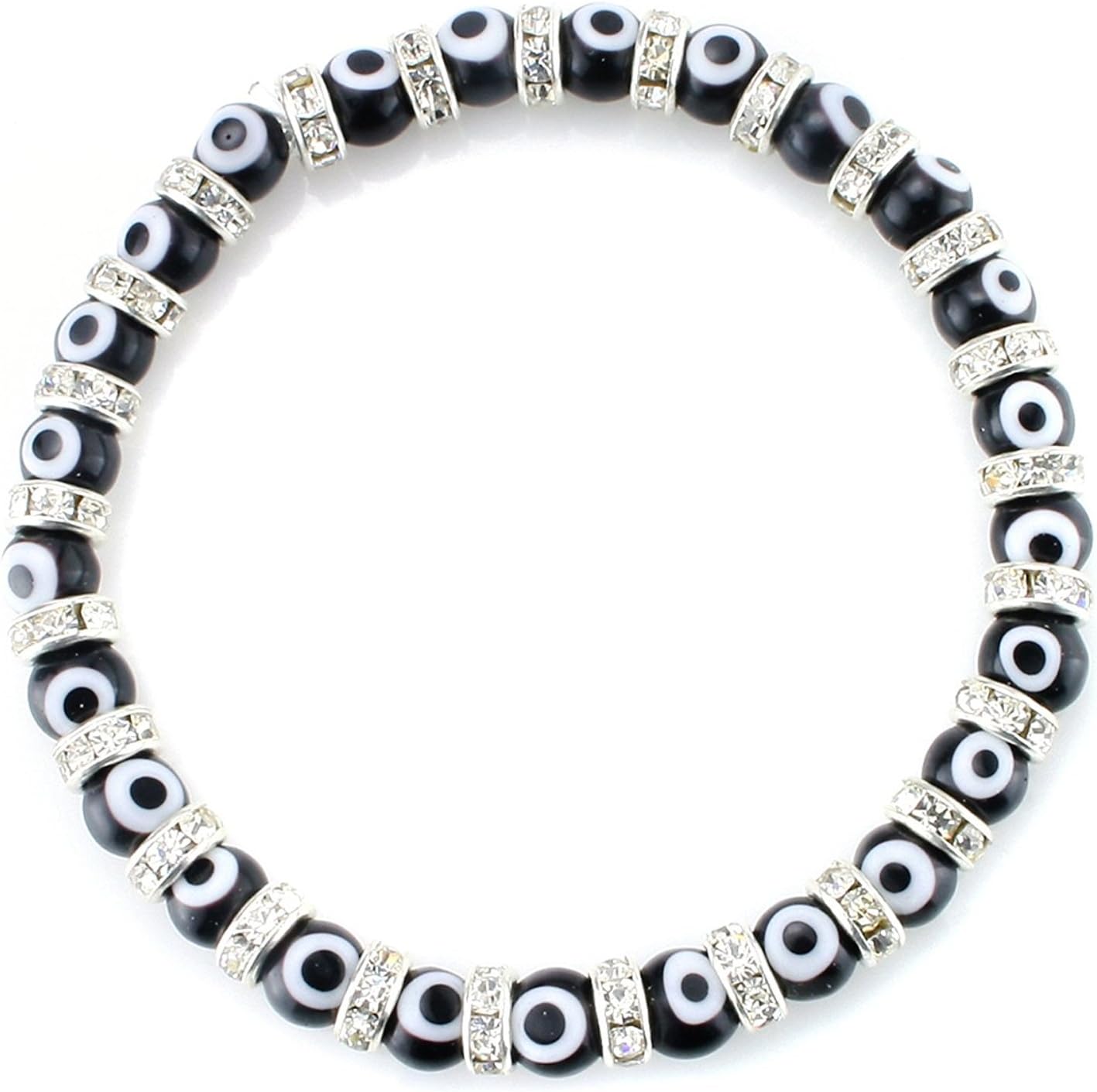 JEWELRIESHOP Turkish Evil Eye Bracelet Murano Glass Beads Beaded Clear Crystal Spacer Bracelet for Women (6-8mm, Blue Red Black White Mix Color Eye Beads)