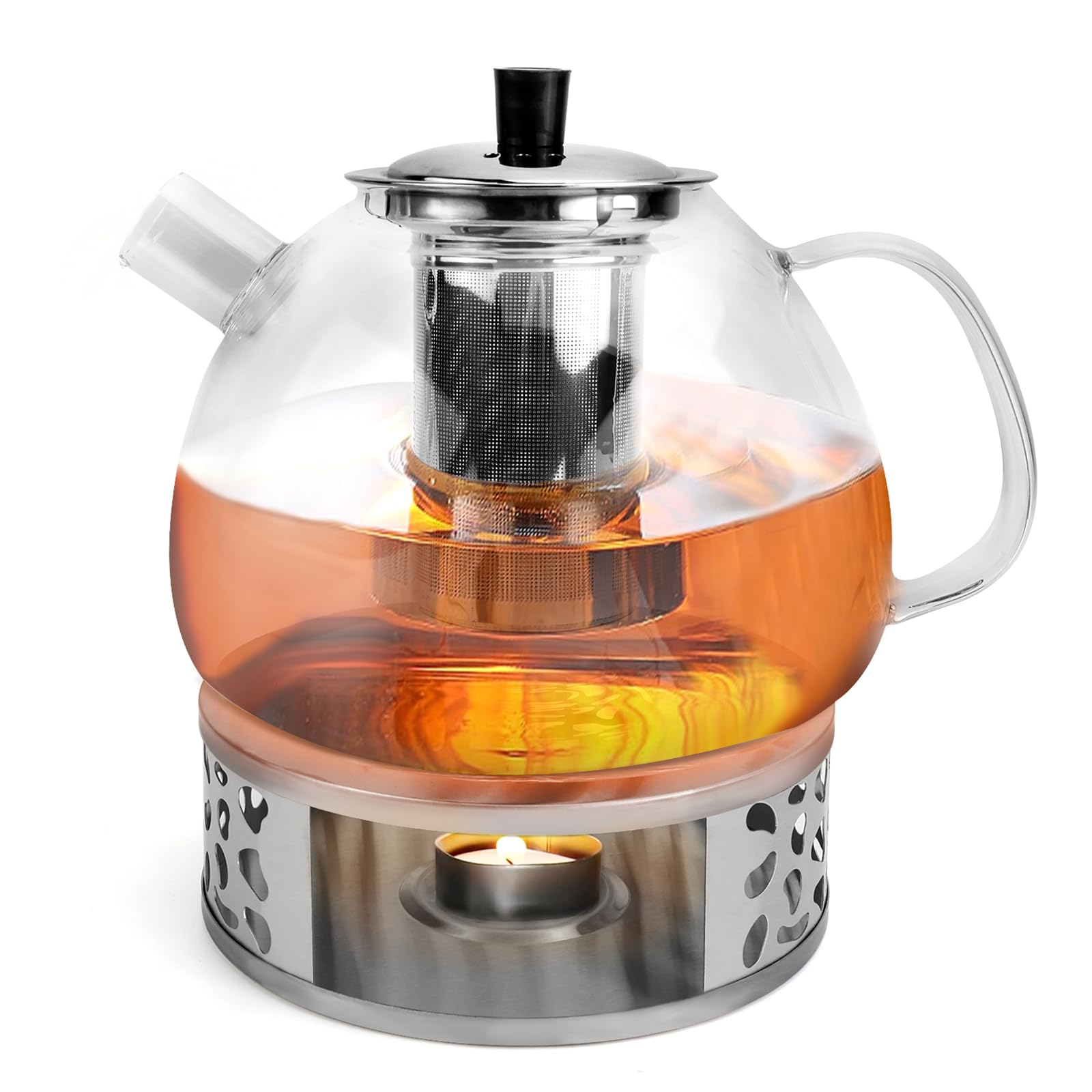 1500ML Teekanne mit Siebeinsatz aus Glas, mit Stövchen, Teapot with Strainer, Teekanne mit Teelicht Wärmer, für Losen Tees Fruchttee Duftender Tee (GlasteekanneSet)