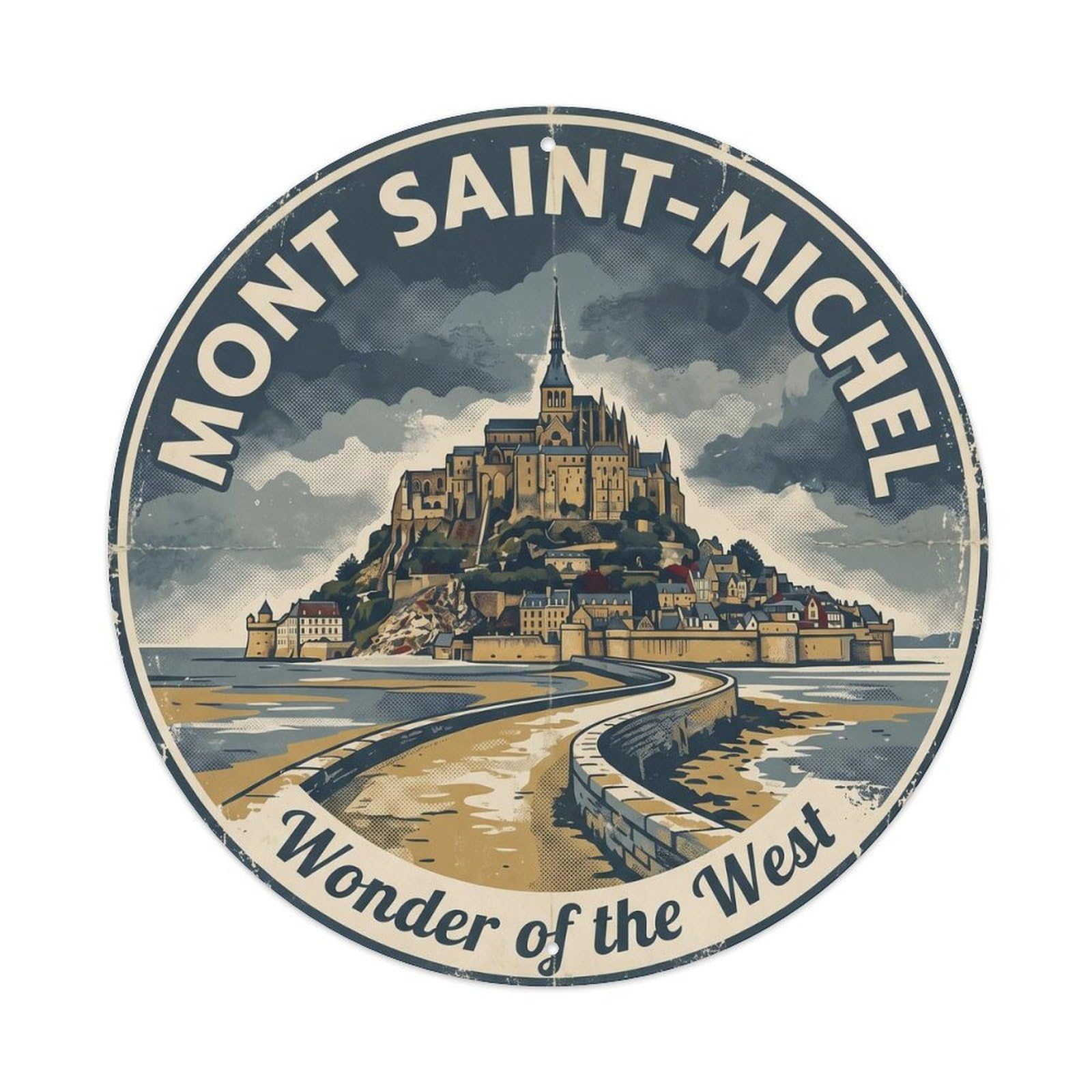 Cmhok Vintage Style Vintage Travel Mont Saint Michel Metal Tin Sign Plaque Wall Decor For Cafe, Club, Garden Round Metal Poster 8X8inch