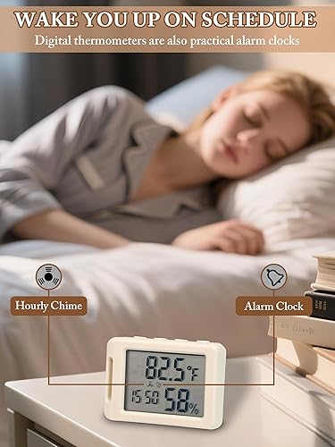 Miniatura 2 de Termómetro digital para habitación interior con reloj, pequeño monitor inteligente de temperatura y humedad con cordón, reloj de viaje con