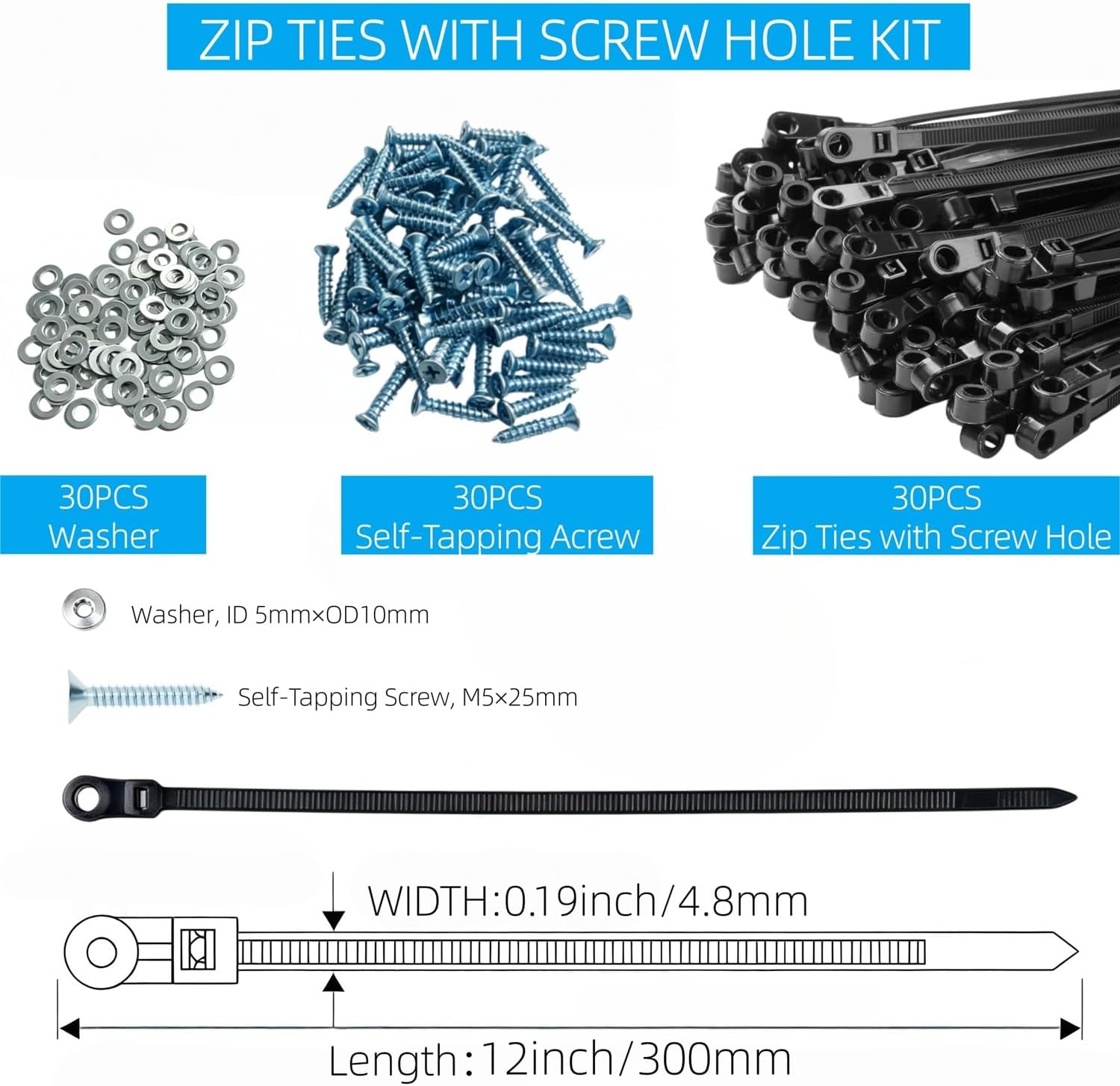 30 PCS 12 Inch Mountable Cable Zip Ties with Screw Hole, 50LBS Heavy Duty Nylon Black Cable Ties with 30 PCS Screws＆Washers for Electrical, HVAC, Workshop, Indoor & Outdoor Organizing