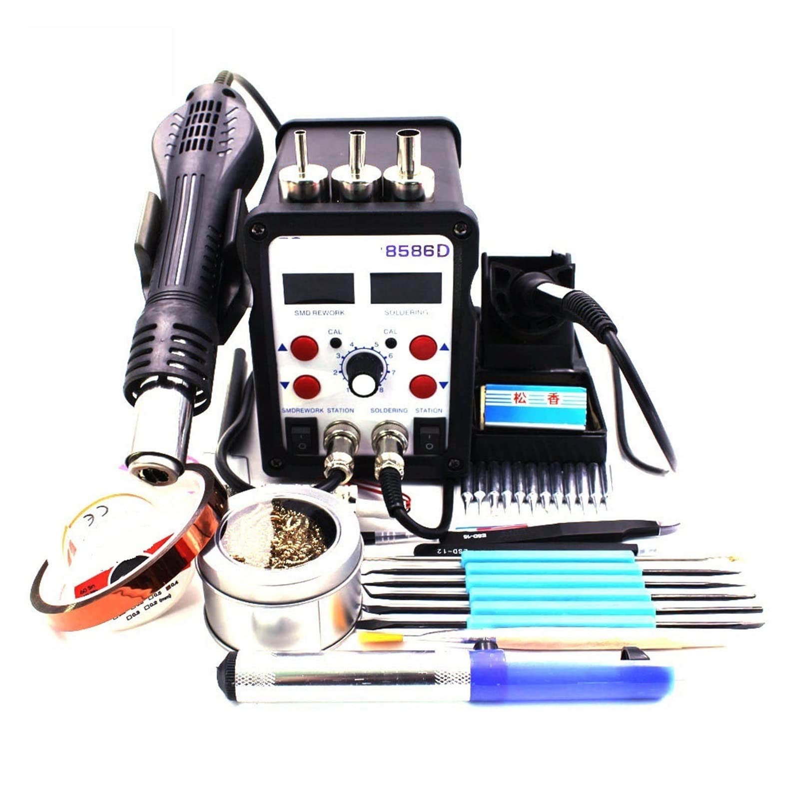 Stacja lutownicza, 2 w 1 SMD Stacja lutownicza pistolet gorącego powietrza 858 6D ESD BGA Narzędzie do lutowania przeróbki lutowniczej(SET-7)