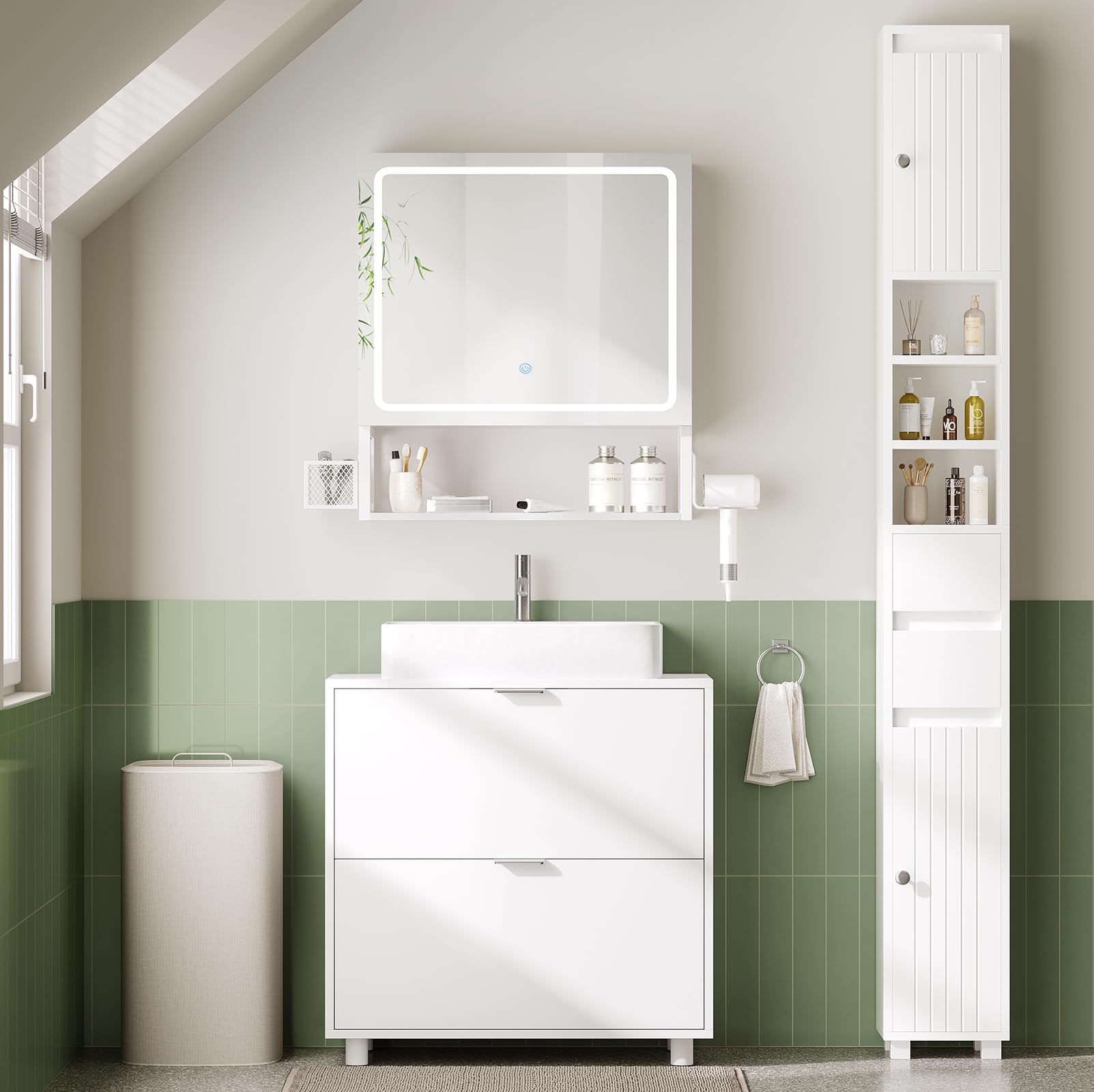 Waschbeckenunterschrank, Badezimmer Unterschrank Waschbecken mit 2 große Schubladen, Badezimmerschrank mit Füßen, Öffnung für Siphons, Badschrank, Waschtischunterschrank, 30 x 60 x 60 cm,Weiß