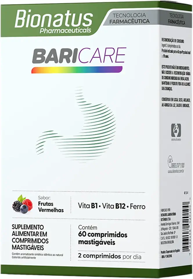 Bionatus, BariCare, Comprimidos mastigáveis, Suplemento alimentar, Vitamina B1 1,2mg + Ácido Fólico 400mcg DFE + Vitamina B12 2,4mcg + Cobre 900mcg Ferro 14mg, 60 comprimidos • 60 doses, Branco