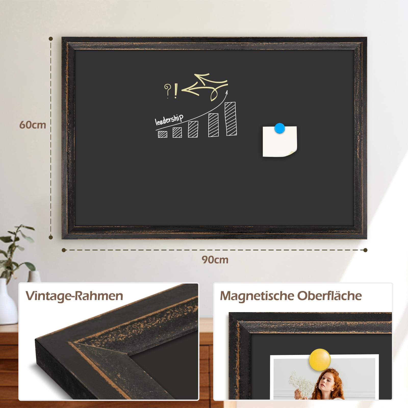 Tableau noir magnétique avec cadre en bois noir - 60 x 90 cm