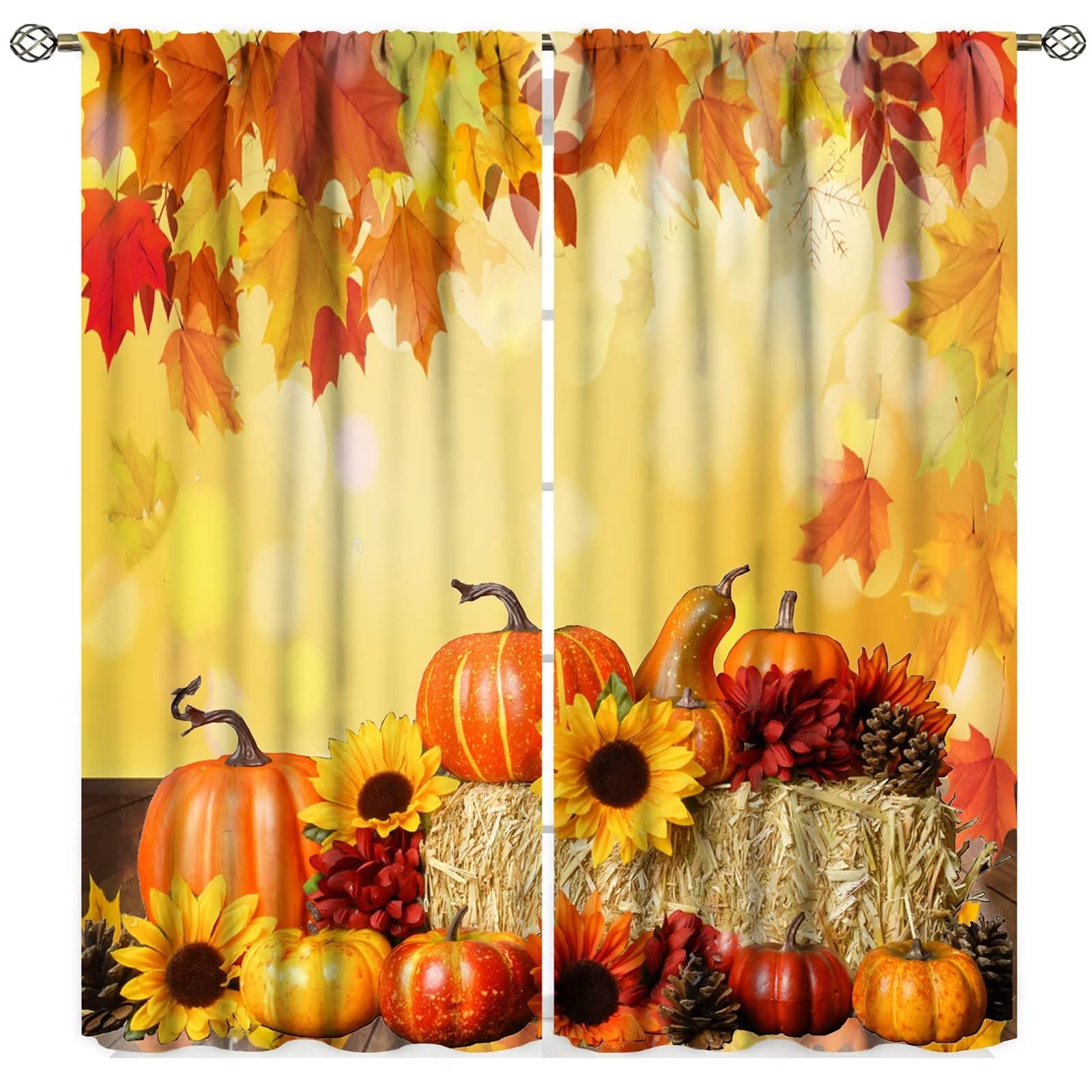 SXXLDNG Autumn Curtain Fall Pumpkins Thanksgiving Maple Leaves Harvest Home Farmhouse Decor Rod Pocket Decor Drapes for Bedroom Living Room 42 in x 45