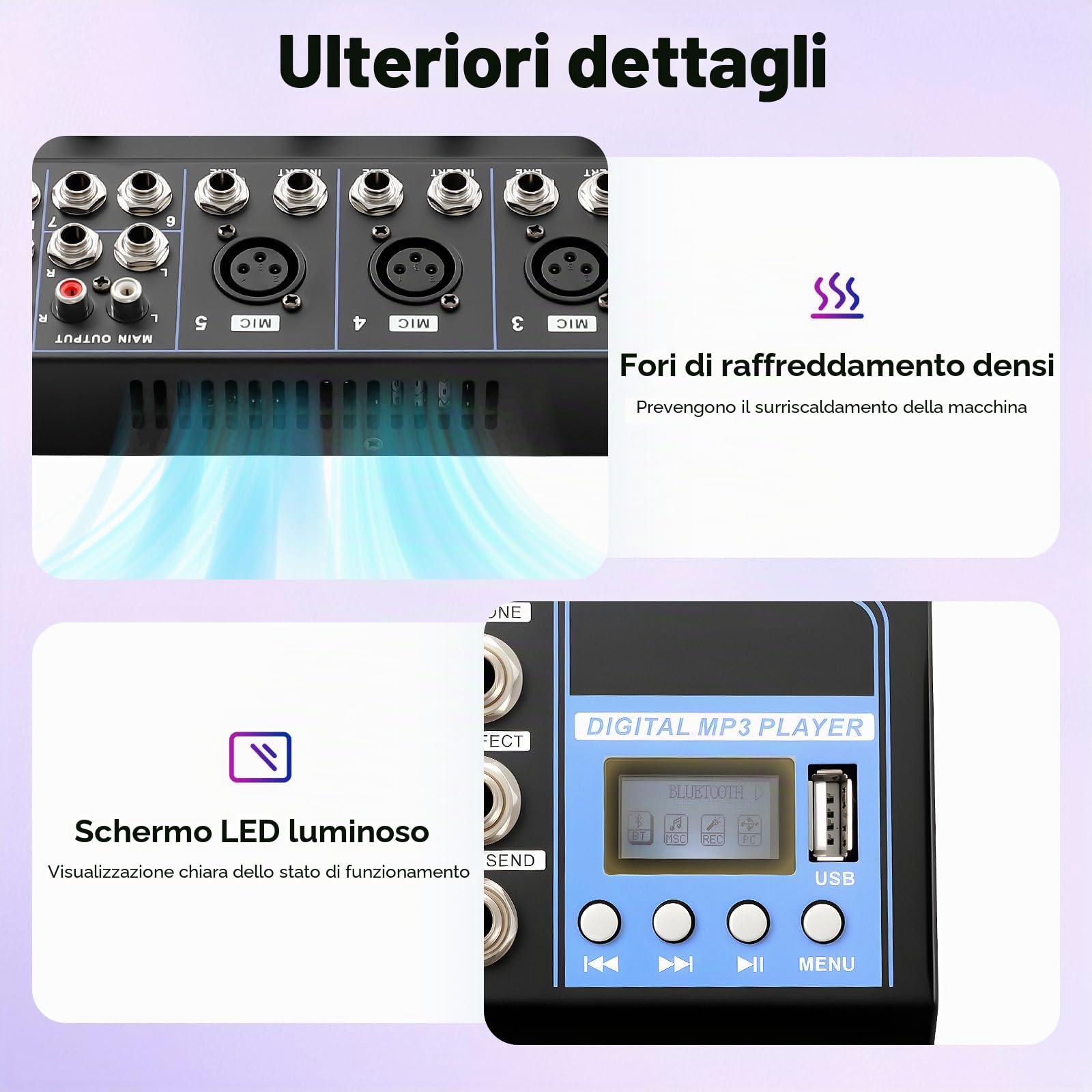 Mixer, mixer audio a 7 canali, mixer audio DJ professionale a 7 canali, telaio in metallo, 6 equalizzatori di stili musicali, alimentazione phantom da 48 V, karaoke/registrazione/live, compatto 33 cm