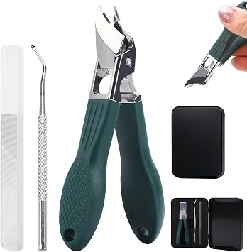 Eagle Beak Nail Clippers for Ingrown & Thick Nails Beveled/Slanted/Angled Blades, Long Handle Wide Jaw, Anti-Splash Ultra Sharp Stainless Steel Edge 3-Piece Set for Men/Women (Green)