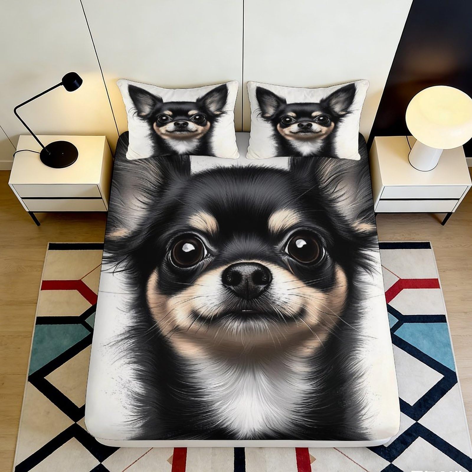 3D Printed Chihuahua Dog Fitted Sheet Microfiber Black White Cartoon Mattress Cover Anti-Slip Bedroom Decor Machine Washable 90x200x25cm